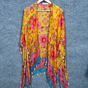 Natural Life One Size Kimono Floral Wrap Shawl Bright Tassel Artsy Maximalist